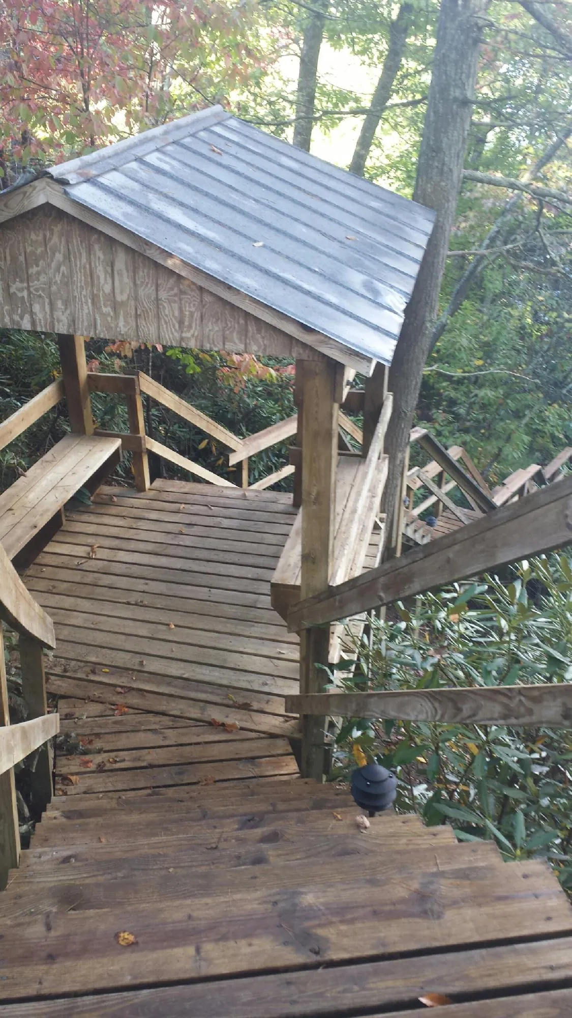 Metal roofed shelter over wooden steps on a wooded walkway — Skylight Repair & Installation work by our crew in Fairfax Station